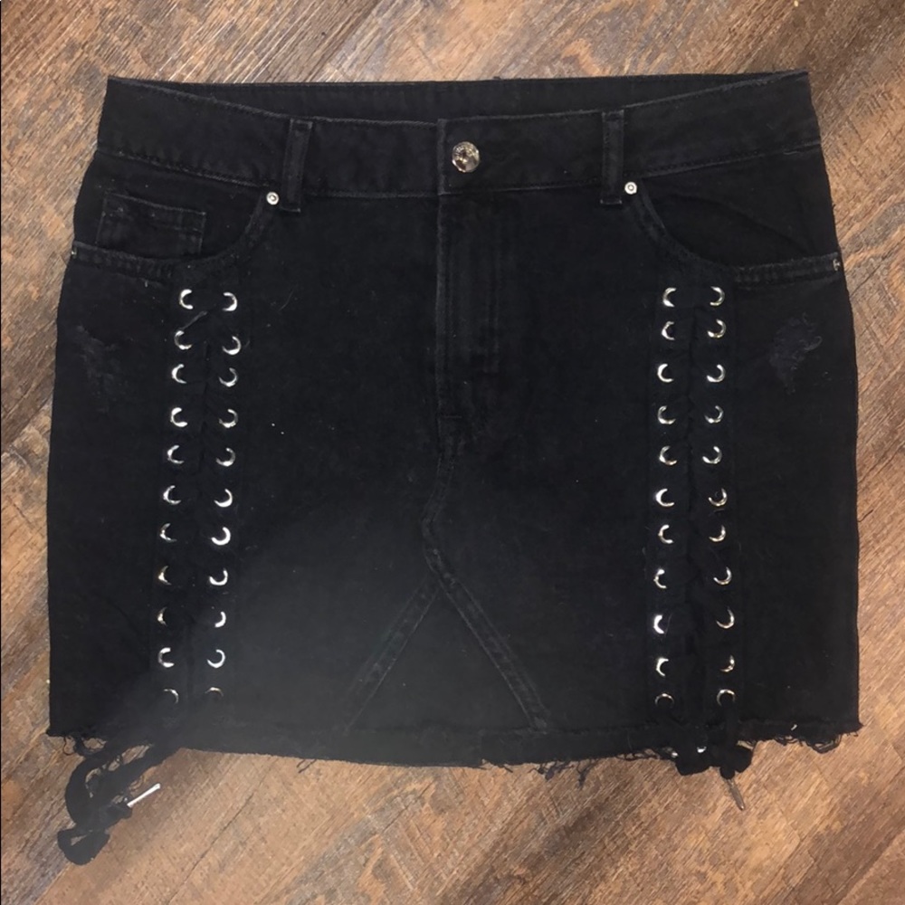 Black denim lace up skirt